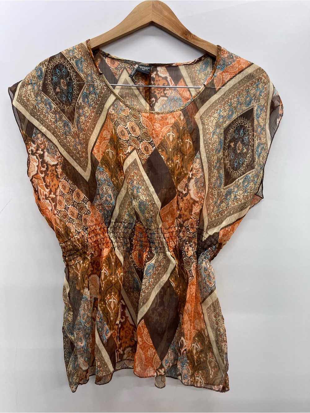 Passport Boho Sheer Peasant Blouse in‎ Orange, Brown and Cream